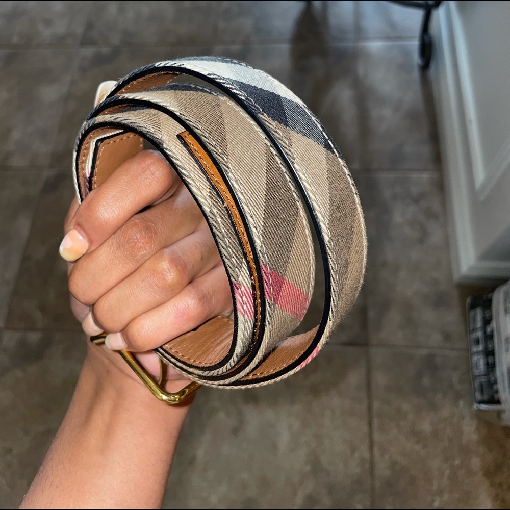 burberry top stitched checkered belt brown